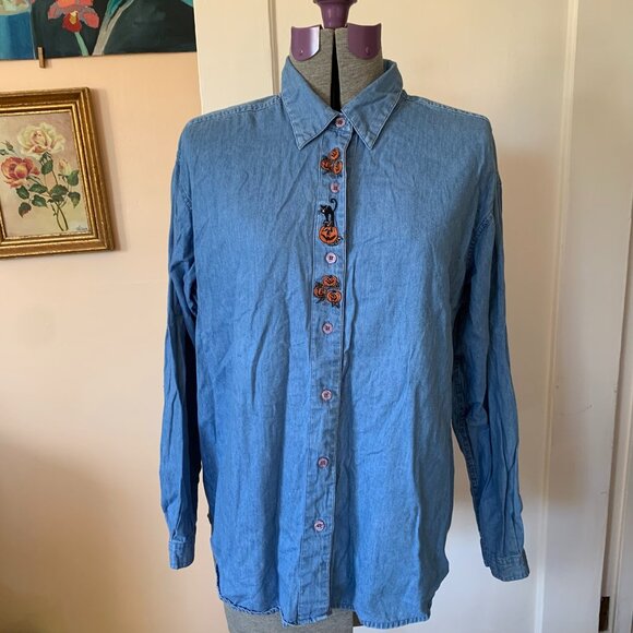 VTG Halloween Jean Button Up Shirt Sz L Embroidered Pumpkins Black Cat Spooky - Picture 3 of 7